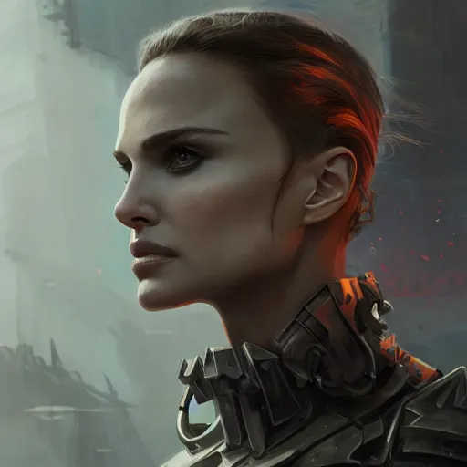 Image similar to natalie portman portrait, dystopia core, apocalyptic, armor, warrior, dramatic, sharp focus, fiction, neon, fantasy, hyper detailed, digital art, trending in artstation, cinematic lighting, studio quality, smooth render, unreal engine 5 rendered, octane rendered, art style and nixeu and wlop and krenz cushart