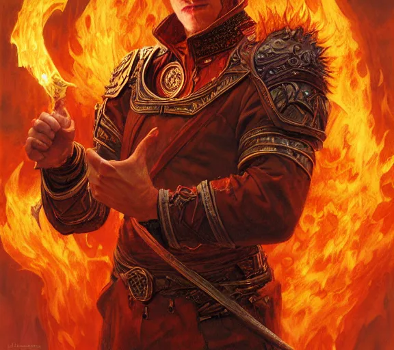 Image similar to The Fire King, beautiful young ginger man, fire, flames, dramatic, hyperdetailed | donato giancola, ralph horsley, Artem Demura | waist-up portrait | dungeons and dragons