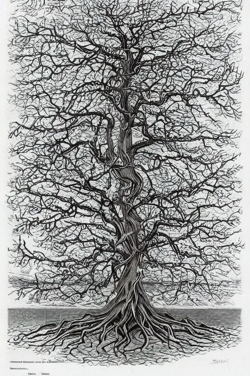 Image similar to a drawing of a tree with its roots in the water, an illustration of by edgar schofield baum, haeckel and alasdair gray, featured on deviantart, ecological art, photoillustration, fractalism, storybook illustration