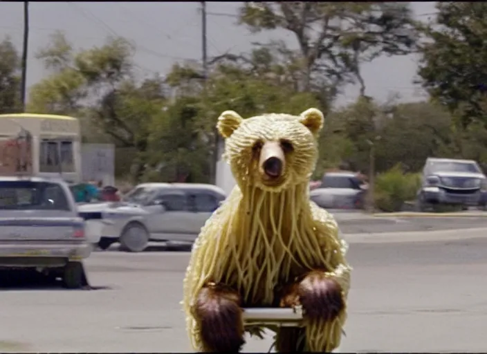 Prompt: film still of a bear covered in spaghetti noodles riding a skateboard in compton ca, 8 k