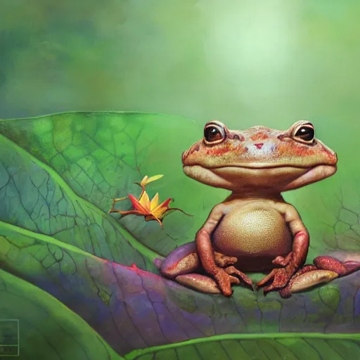 Image similar to soulful long shot of a crazy toad baby sitting under a big leaf, by esao andrews, by m. w. kaluta, ultra humorous illustration, small depth of field, perspective perception, volumetric light, psychedelic colors, 3 d octane render, 8 k, conceptart, hyperdetailed, hyperrealistic, trending on artstation