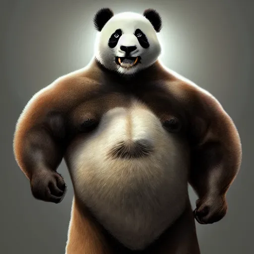 Image similar to strongman panda, au naturel, hyper detailed, digital art, trending in artstation, cinematic lighting, studio quality, smooth render, unreal engine 5 rendered, octane rendered, art style by klimt and nixeu and ian sprigger and wlop and krenz cushart