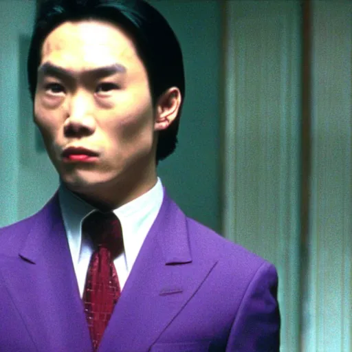 Prompt: a film still of a asian man with blonde hair wearing a purple suit in American Psycho(2000)