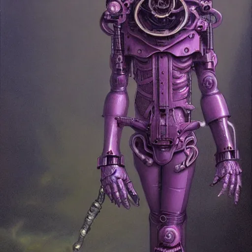 Prompt: steampunk android that emits purple fog, by wayne barlowe