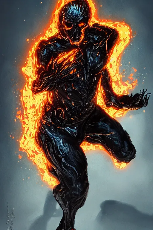 Image similar to ghost rider symbiote, comic strip style, dynamic lighting, fantasy concept art, trending on art station, stunning visuals, creative, cinematic, portrait, ultra detailed