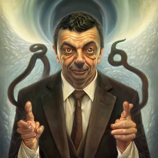 Image similar to lovecraft biopunk portrait of rowan sebastian atkinson by tomasz alen kopera and peter mohrbacher