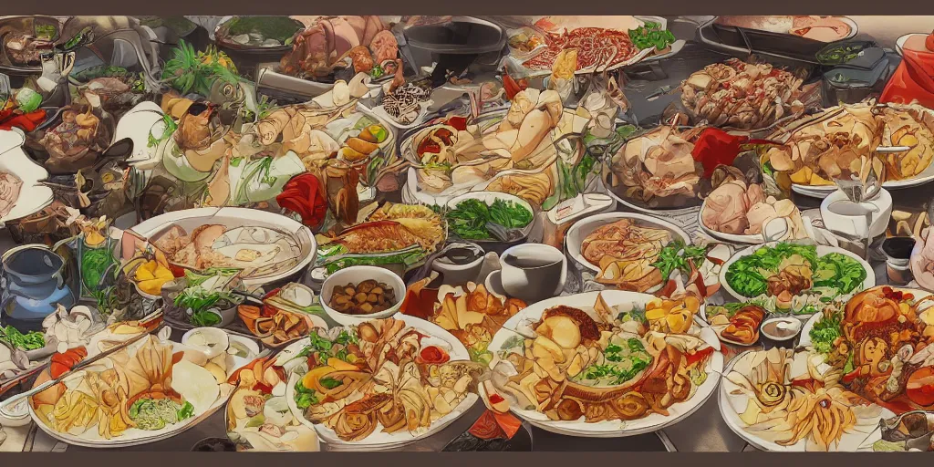 Prompt: A feast for the Yakuza, very detailed, anime, Delicious, Plump, Juicy, Hot Food, large white border, hd, high resolution print :1 by Hayao Miyazaki, Nausicaa, studio Ghibli style, Anime wallpaper, cell shading, trending on deviant art :1