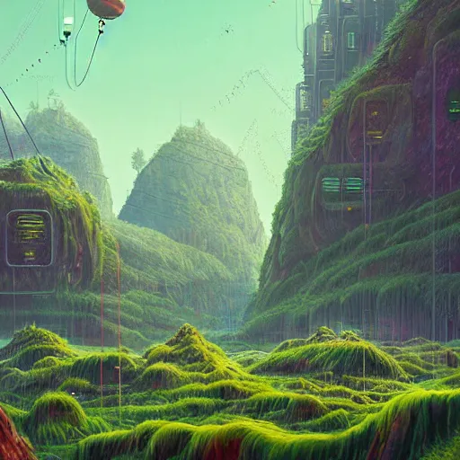 Image similar to digital artwork of a lush natural scene on an alien planet by simon stalenhag. extremely detailed. science fiction. beautiful landscape. weird vegetation. cliffs and water.