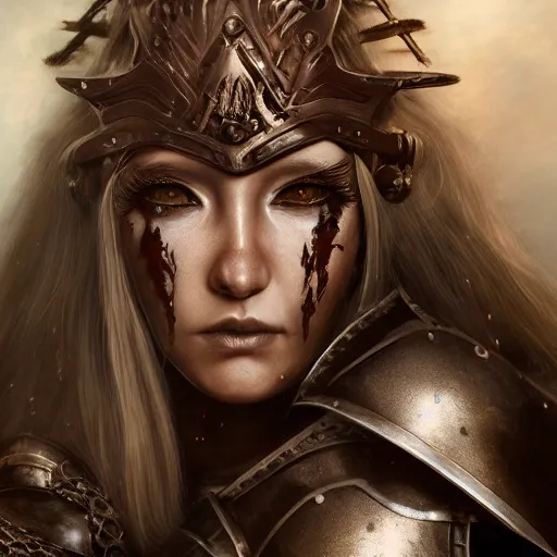 Image similar to fantasy portrait of a determined female warrior in heavy armour inspired by warhammer fantasy and diablo, long hair, scarred eye, earrings, highly detailed, trending on artstation, 4k, octane render, unreal engine,