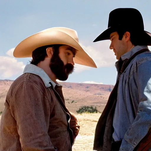 Image similar to the main characters of brokeback mountain are having a romantic moment