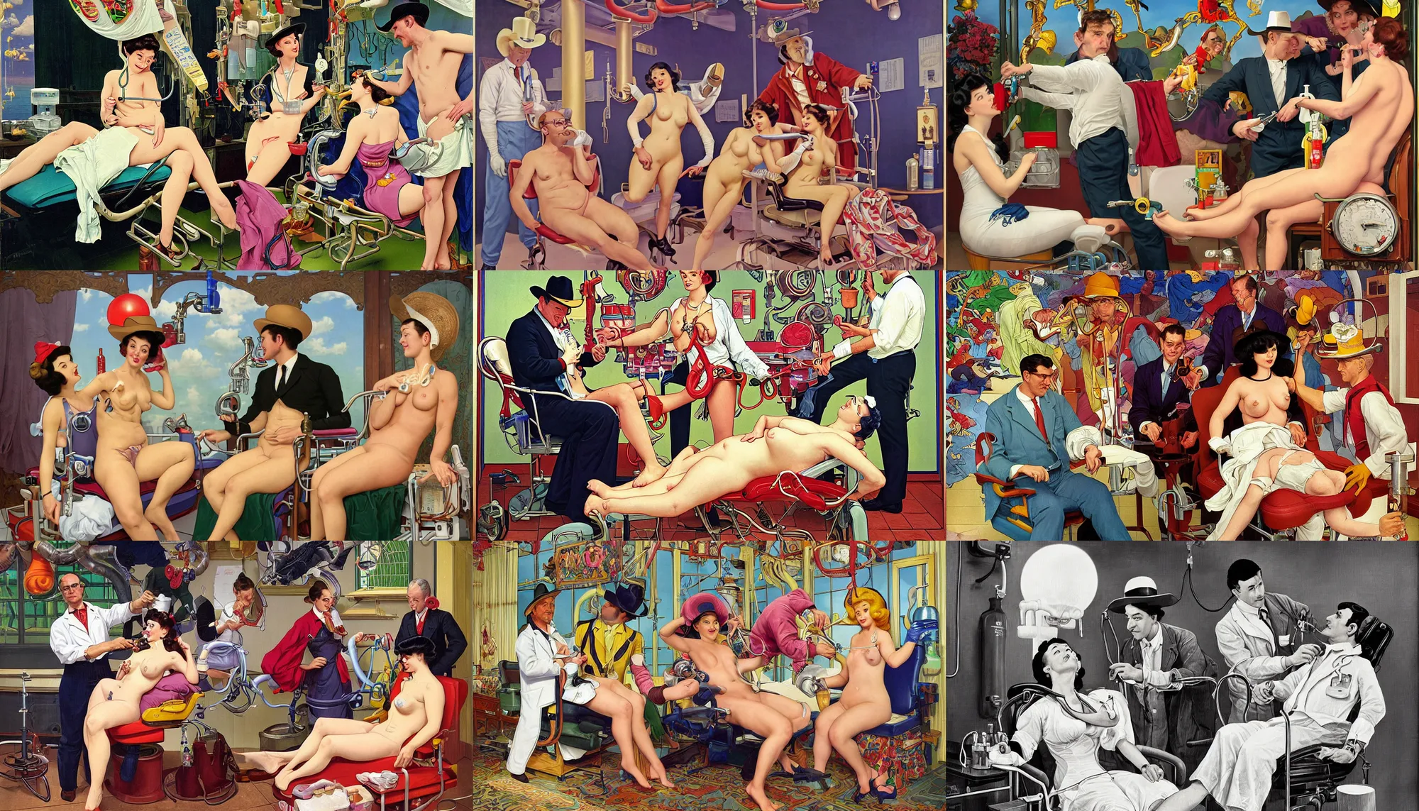 Prompt: gentleman sat in medical chair on a bull run inducing intravenous drip stimulant system being examined by anthropomorphic cowboy snake physician doctor and betty page petroleum pinup nurse using locomotive syringes to extract build up of bearish bile from the patients hyper inflated top buyers neck, digital painting by Lisa Frank and Greg Rutowski and Magritte and Alphonse Mucha on 35mm film, 8k 1080p