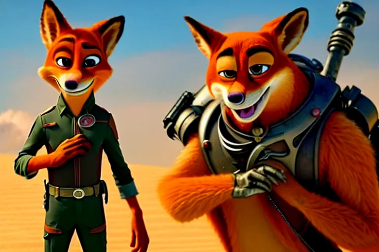 Image similar to nick wilde ( from zootopia ), heavily armed and armored facing down armageddon in a dark and gritty reboot from the makers of mad max : fury road