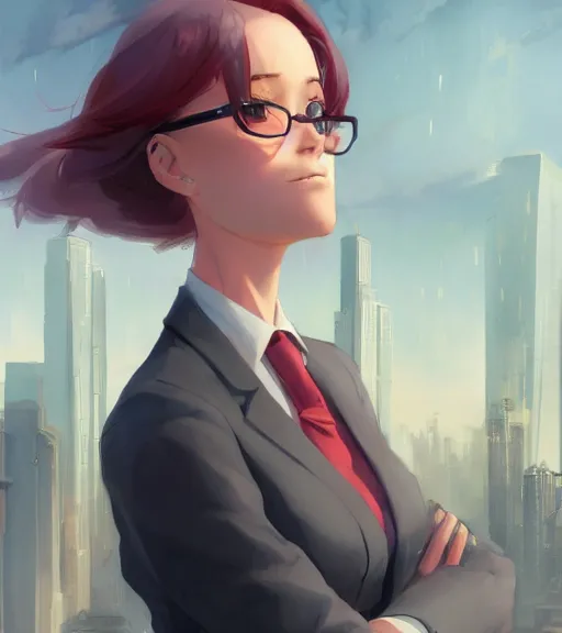 Prompt: a girl in a business, close up, sharp focus, red necktie, grey hair, smiling, city background, digital painting, by tran ross and jordan grimmer and greg rutkowski, anime art, artstation, hd, smooth,