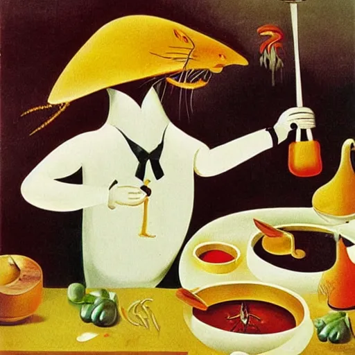 Image similar to anthropomorphic cat chef cooking a delicious colorful soup, by Salvador Dali