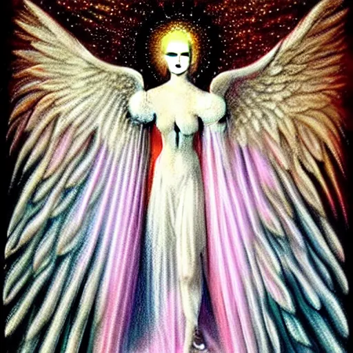 Image similar to highdetailed hyperrealistic painting of white angel!!! no gender smiling noface!!!, light instead of hands, white sparkles everywhere, 4 k hd face!!!, big silver high detailed wings!!!, renaissance, by jan van eyck, holography space, glow effect, large strokes, monochrome!!!!!