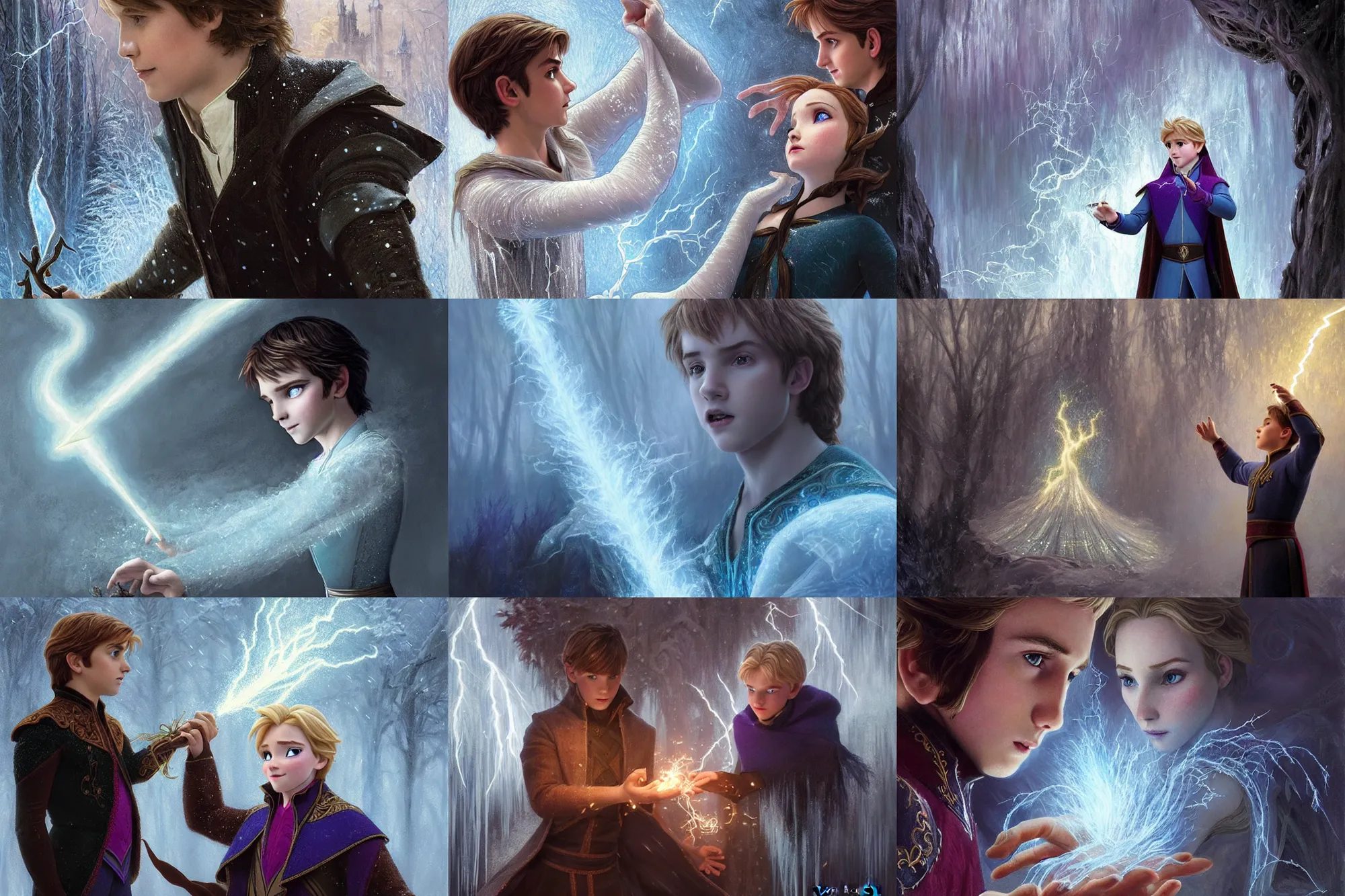 Prompt: young male magician casting a lightening spell, Frozen II movie still, movie screen shot, fantasy, intricate, elegant, highly detailed, digital painting, artstation, concept art, smooth, sharp focus, illustration, art masterpiece by art by Krenz Cushart and Artem Demura and alphonse mucha, ArtGerm, Jon Lothian, Danilo Torres, Adi Meyers, Thomas Reimann, Gaston Bussiere