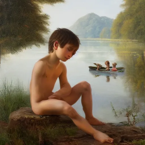 Image similar to in the style of William Whitaker, a boy is Looking at the lotus in the lake,very high details, facial details, Realism painting, 4K ,