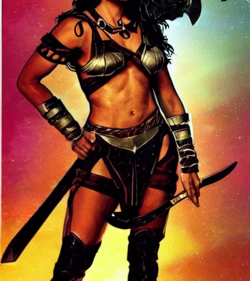 Image similar to 1 9 8 0 s fantasy novel book cover, amazonian rosario dawson in extremely tight bikini armor wielding a cartoonishly large sword, exaggerated body features, dark and smoky background, low quality print
