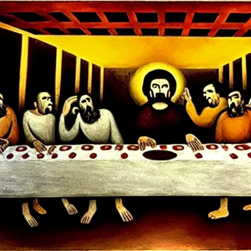 Image similar to the last supper painted by David Alfaro Siqueiros detailed, hyper-detailed, very realistic