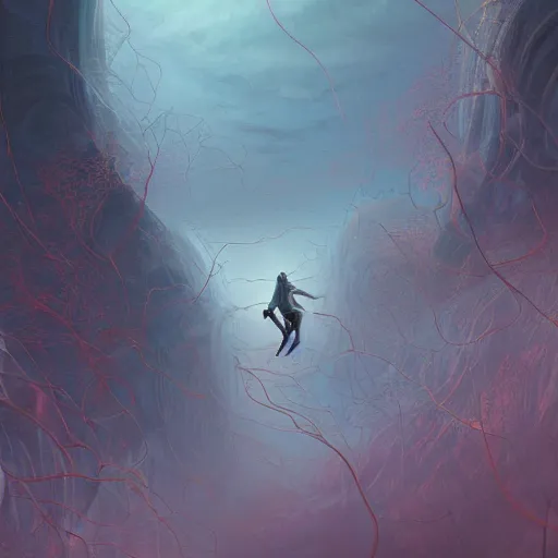 Prompt: a painting of a man falling through a tangle of neurons in a pastel sky, a detailed matte painting by marc simonetti, deviantart, trending on artstation