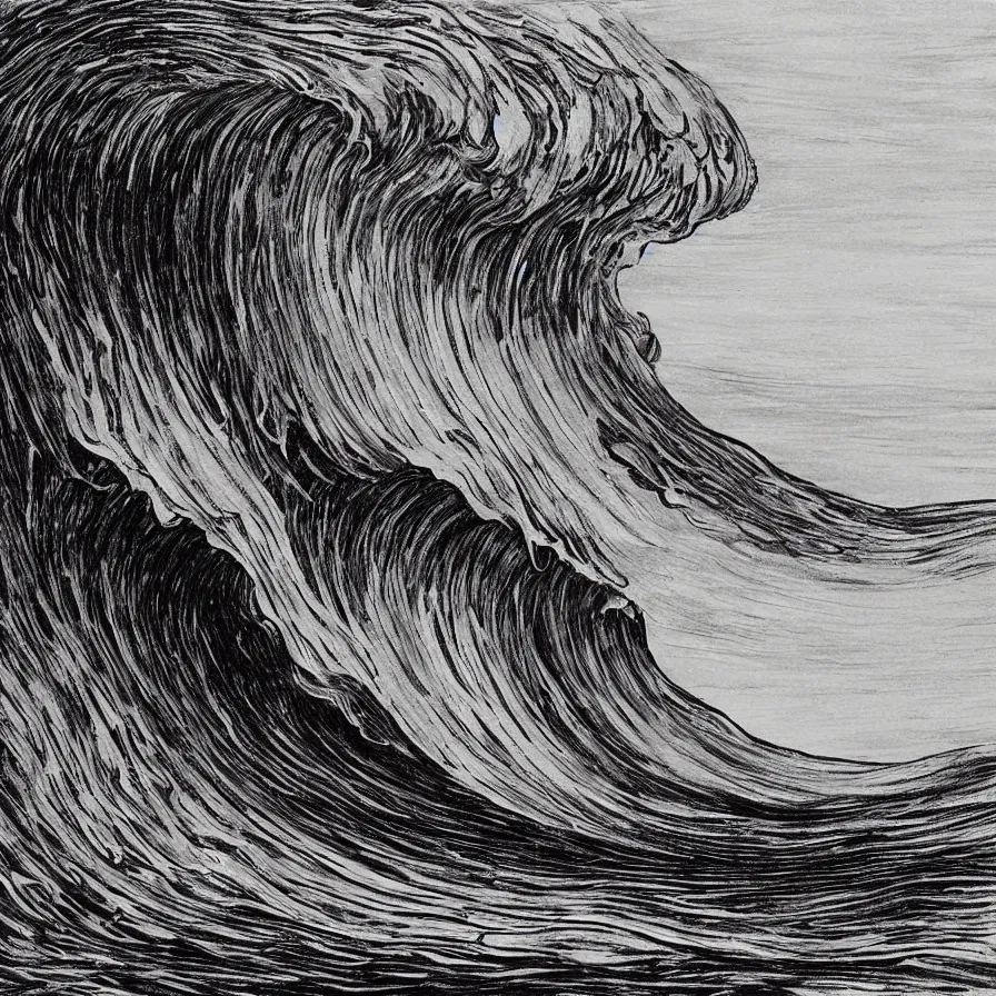 Image similar to an beautiful painting of one single hawaiian wave painted by albrecht durer, monochromatic color scheme, high detail, breathtaking wave, lineart!, line art, soft colors, simplicity, charcoal drawing