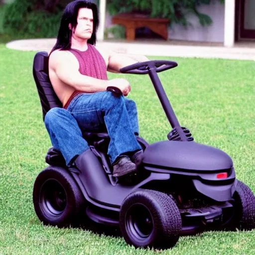 Image similar to glenn danzig on a riding lawn mower,