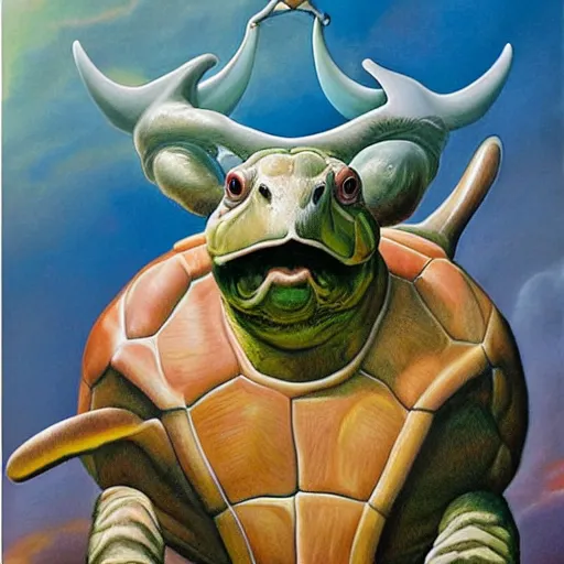 Image similar to a turtle wearing a cow head, surrealism, painting by boris vallejo and michael whelan