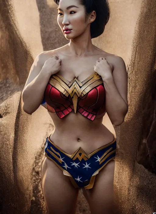 Image similar to portrait of a korean woman that looks like lindsey pelas on the set of wonder woman, by charlotte grimm, natural light, detailed face, canon eos c 3 0 0, ƒ 1. 8, 3 5 mm, 8 k, medium - format print, half body shot