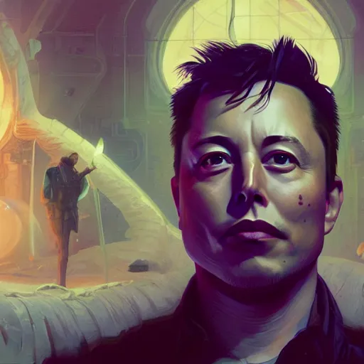 Image similar to Highly detailed portrait of Elon Musk, unreal engine, fantasy art by Greg Rutkowski, Loish, Rhads, ferdinand knab, Makoto Shinkai and Lois van baarle, ilya kuvshinov, rossdraws, Tom Bagshaw, alphonse mucha, global illumination, radiant light, detailed and intricate environment