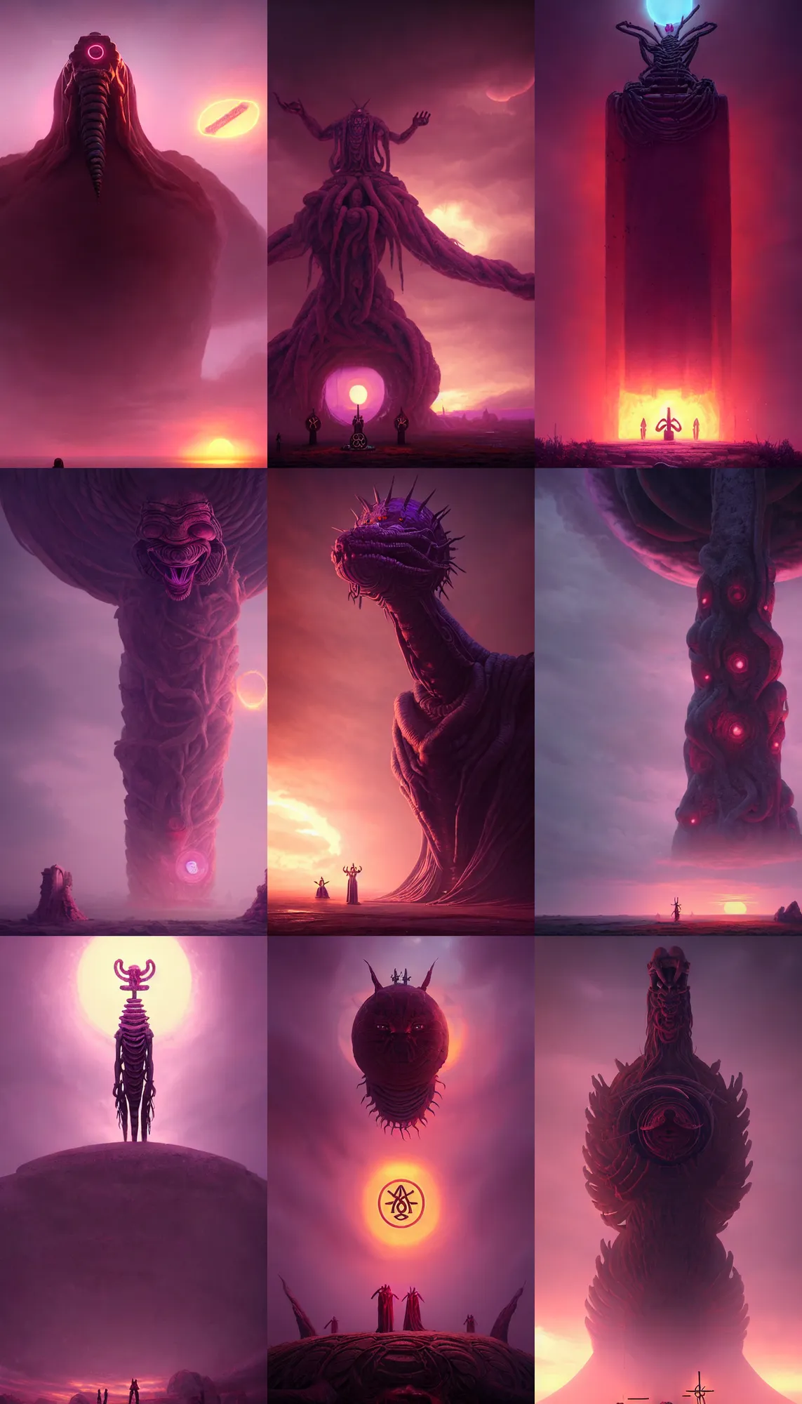 Prompt: Otherwordly enormous worm god seen from below, occult symbols are present during a ritual, overcast during a purple sunset, hyperrealistic, octane render, cinematic, art by by Greg Rutkowski and Igor Kieryluk