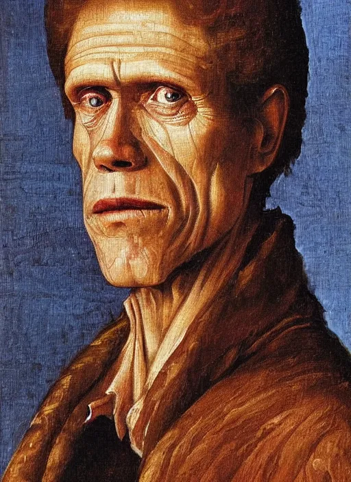 Image similar to regal painting of willem dafoe, renaissance oil painting, studious