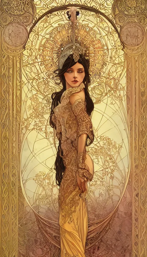 Prompt: a queen, highly detailed, very intricate, art nouveau, gold filigree, left right symmetry, tarot concept art watercolor illustration by mandy jurgens and alphonse mucha and alena aenami, featured on artstation
