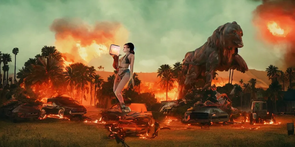 Prompt: realistic cinematic views of a Orwellian Coachella with fires in the background and dead animals falling from the sky in front of the main stage celebrating a large statue of Kylie Jenner holding an iPhone 13, hyper detailed, terror glows, hyper realistic, digital painting, 8k, 35mm film grain, octane render