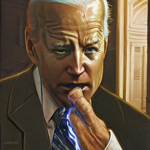 Image similar to immense, majestic, surreal, terrifying joe biden crushing buildings under his heel, perfectly clear face, by j. c. leyendecker and beksinski