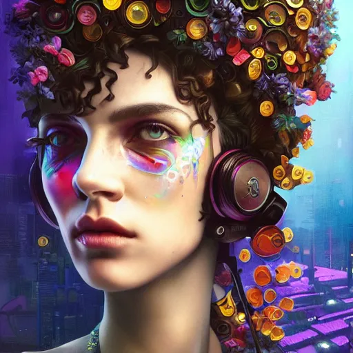 Prompt: Lofi cyberpunk portrait beautiful woman with short brown curly hair, roman face, rainbow, floral, Pixar style, Tristan Eaton, Stanley Artgerm, Tom Bagshaw