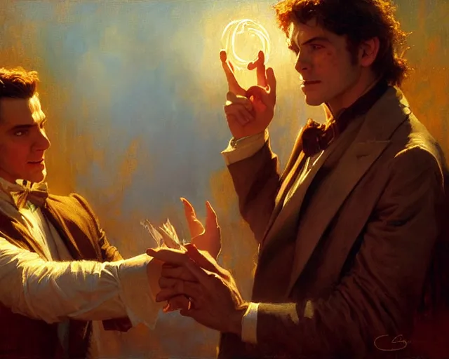 Image similar to attractive magician man, casting dark magic, summoning handsome demon. highly detailed painting by gaston bussiere, craig mullins, j. c. leyendecker 8 k