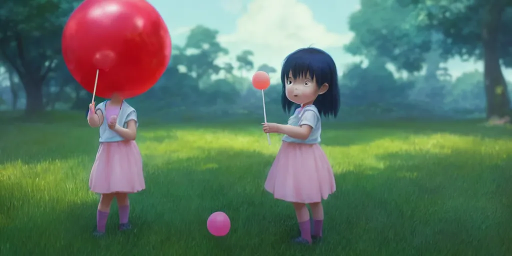 Prompt: a little girl with lollypop, holding blue balloon on a string, studio ghibli, pixar and disney animation, sharp, rendered in unreal engine 5, anime key art by greg rutkowski, bloom, dramatic lighting