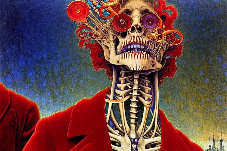 Image similar to realistic detailed closeup portrait painting of a single skeleton wearing red velvet blazer in a crowded futuristic moscow street by Jean Delville, Amano, Yves Tanguy, Alphonse Mucha, Ernst Haeckel, Ilya Repin, Edward Robert Hughes, Andrei Tarkovsky, Roger Dean, rich moody colours, blue eyes