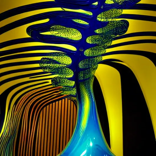 Image similar to psychedelic architectural section installation, art exhibition infected by night, biennale, lush abstract graphic shapes. victor horta, chihuly infected by night, extremely emotional abstract surrealist fluidic architecture. highly detailed. elegant minimalism. highly detailed. sharp focus. very lifelike organic forms, beautiful melancholic space shapes, geometric tranquility. black and gold