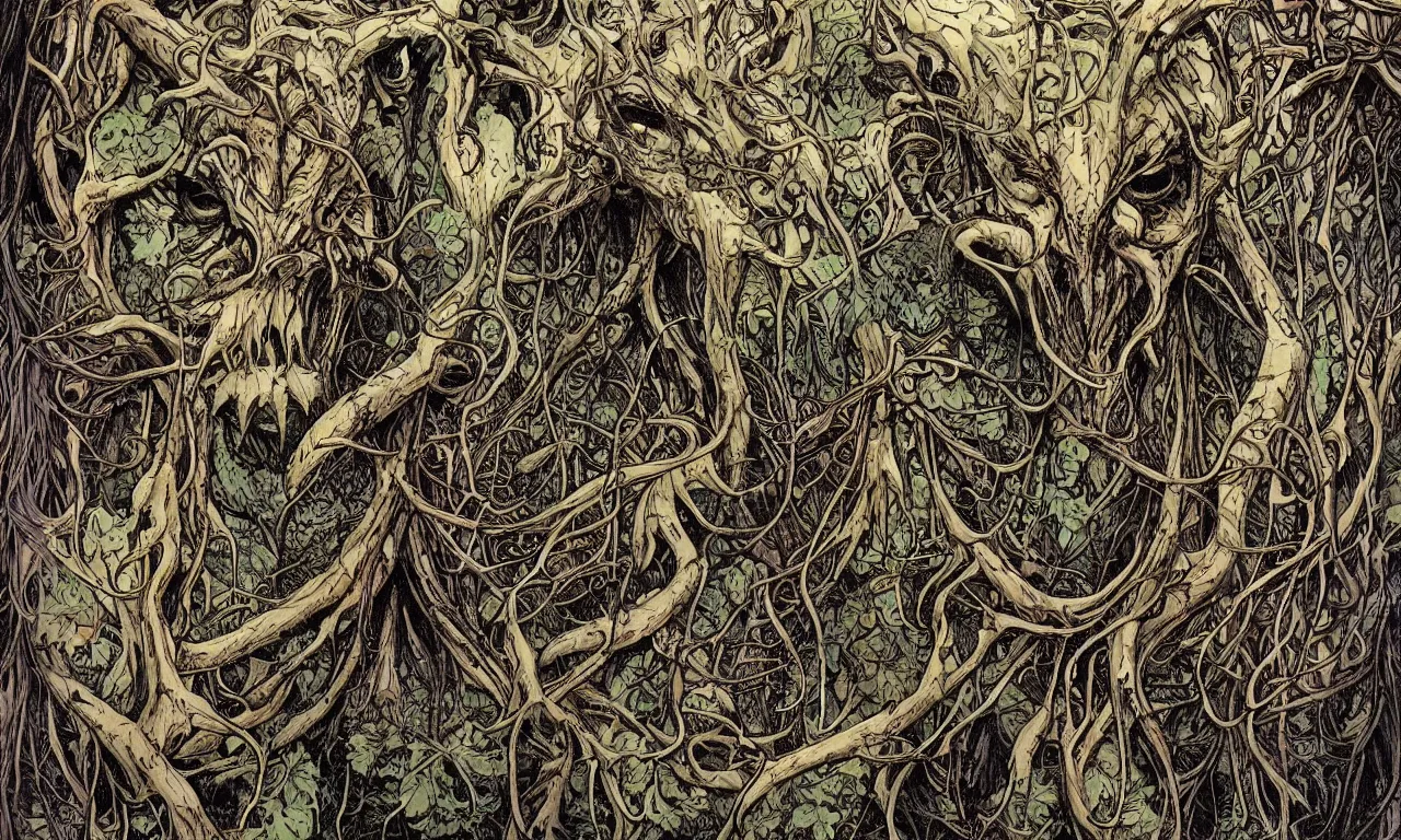 Image similar to hyperdetailed art nouveau portrait of treebeard as a cthulhu eyeball moose skull wendigo cryptid monster, by geof darrow, simon bisley and bill sienkiewicz, grim yet sparkling atmosphere, photorealism, claws, skeleton, antlers, fangs, forest, wild, bizarre, horror, lynn varley, lovern kindzierski, steve oliff