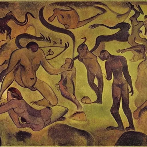 Prompt: lascaux cave paintings, gauguin, goetic faustian sigils, lingam and yoni