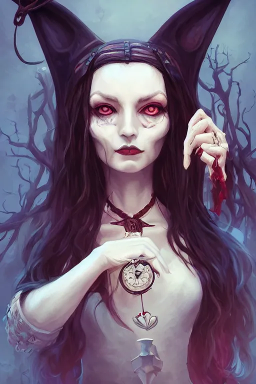 Image similar to portrait of a witch, american mcgee's alice, sharp focus, artstation, trending, by julie dillon, luis melo, tyler miles lockett, lei jin, hong lei, ken wong, adam narozanski, joy ang