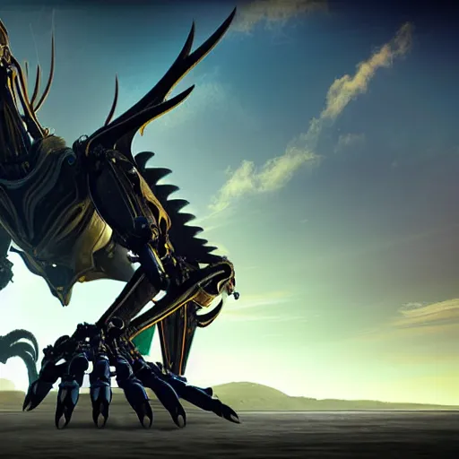 Prompt: looking up at a highly detailed 300 foot tall giant exquisite beautiful female warframe, as an anthropomorphic robot dragon, posing elegantly over your tiny form, detailed legs looming over you, camera on the ground, at the beach on a sunset, sleek streamlined design, streamlined matte black armor, sharp detailed claws, detailed sharp robot dragon feet, giantess shot, upward shot, ground view shot, leg shot, front shot, cinematic shot, high quality warframe fanart, captura, realistic, professional digital art, high end digital art, furry art, giantess art, anthro art, DeviantArt, artstation, Furaffinity, 8k HD render, epic lighting