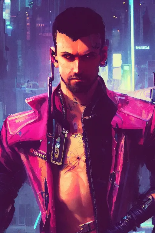 Image similar to a portrait of a rough male adventurer from cyberpunk 2 0 7 7, cyberpunk night club setting, vivid colors, soft lighting, atmospheric, cinematic, moody, in the style of ilya kuvshinov and range murata, krenz cushart, rule of thirds, oil on canvas, 8 k