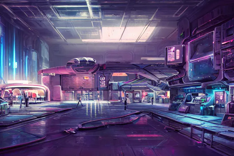 Prompt: Ultra realistic illustration, a run down battered spaceport in the outskirts of Tavlos city, a refuelling station filling up an old transporter waiting to take off, soft neon lights, fuelling cables on the floor, cyberpunk, sci-fi, fantasy, intricate, elegant, highly detailed, digital painting, artstation, concept art, smooth, sharp focus, illustration, dramatic lighting, art by Syd Mead and Giger