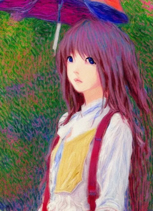 Image similar to a girl wearing thrifty clothing, very anime, trending artwork, 4 k, anime painter studio, an impressionist style by claude monet