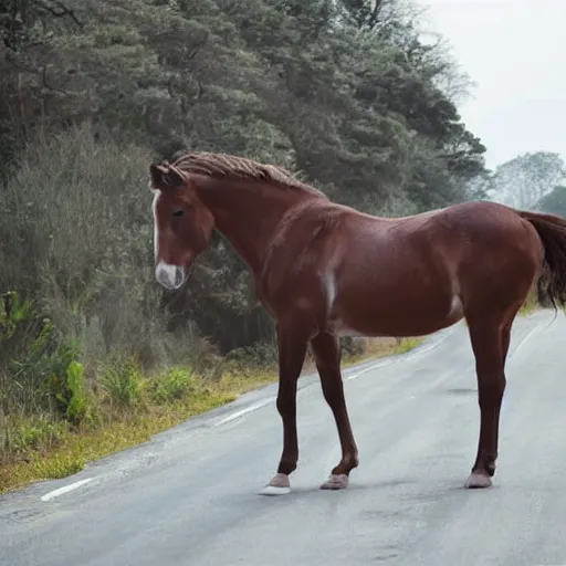 Prompt: horse on a rural highway