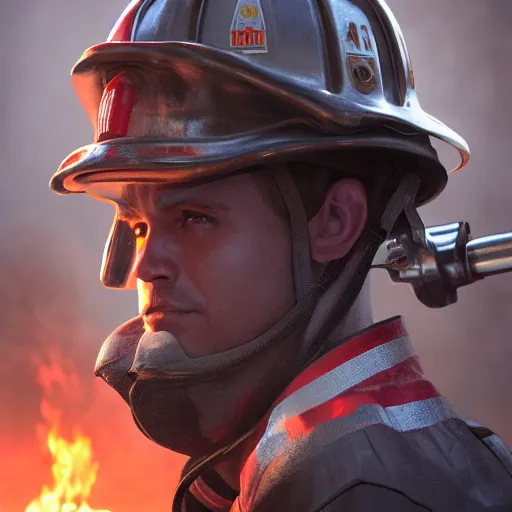 Image similar to portrait of fireman _ jeck, 8 k uhd, unreal engine, octane render in the artstyle of finnian macmanus, john park and greg rutkowski