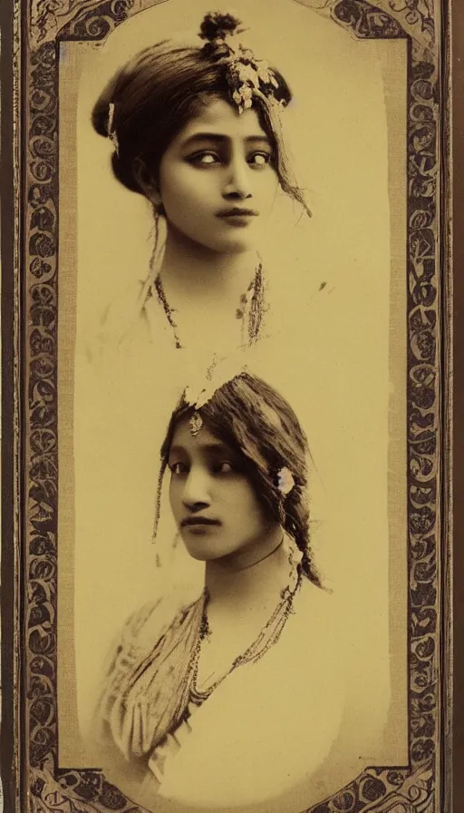 Image similar to vintage portrait photo of a beautiful beautifully lit nepalese Victorian woman by alphonse mucha