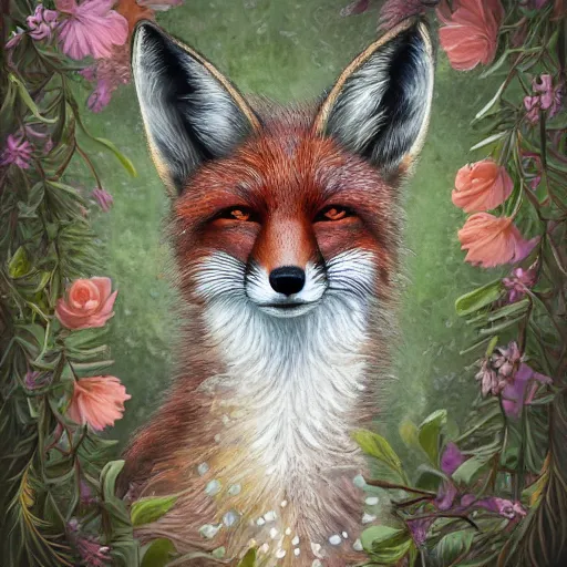 Image similar to portrait of a fox wearing a tiara, wreath flowers, fantasy art, d & d, trending on artstation, beautiful art, intricate, elegant, highly detailed, digital painting, concept art, smooth, sharp focus, illustration